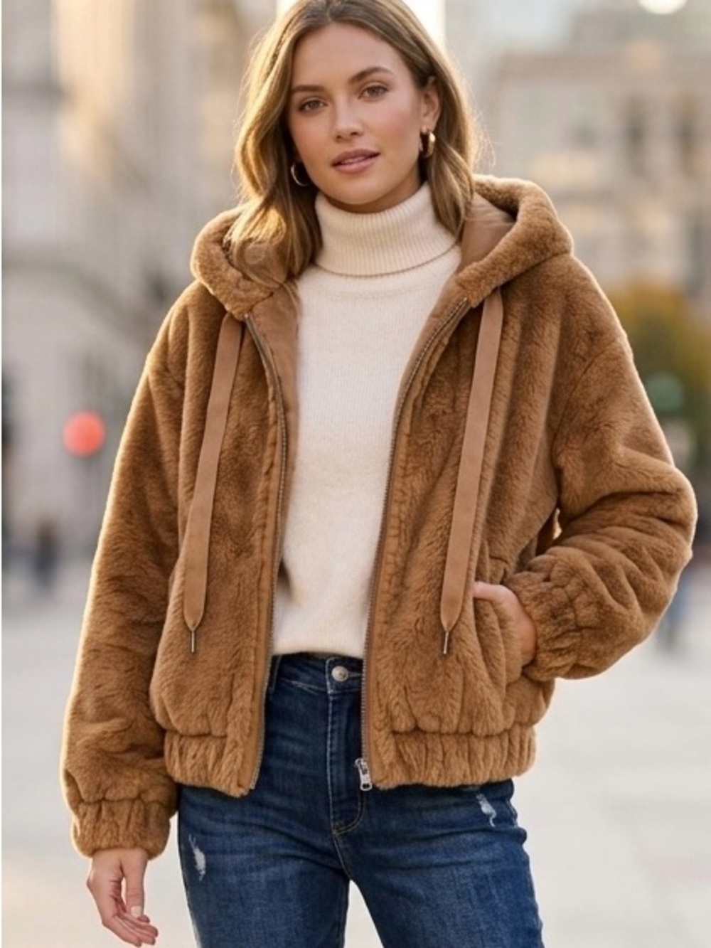 We The Free Free People Faux Fur Zip Up Hooded Jacket Camel Brown XS Mink feel